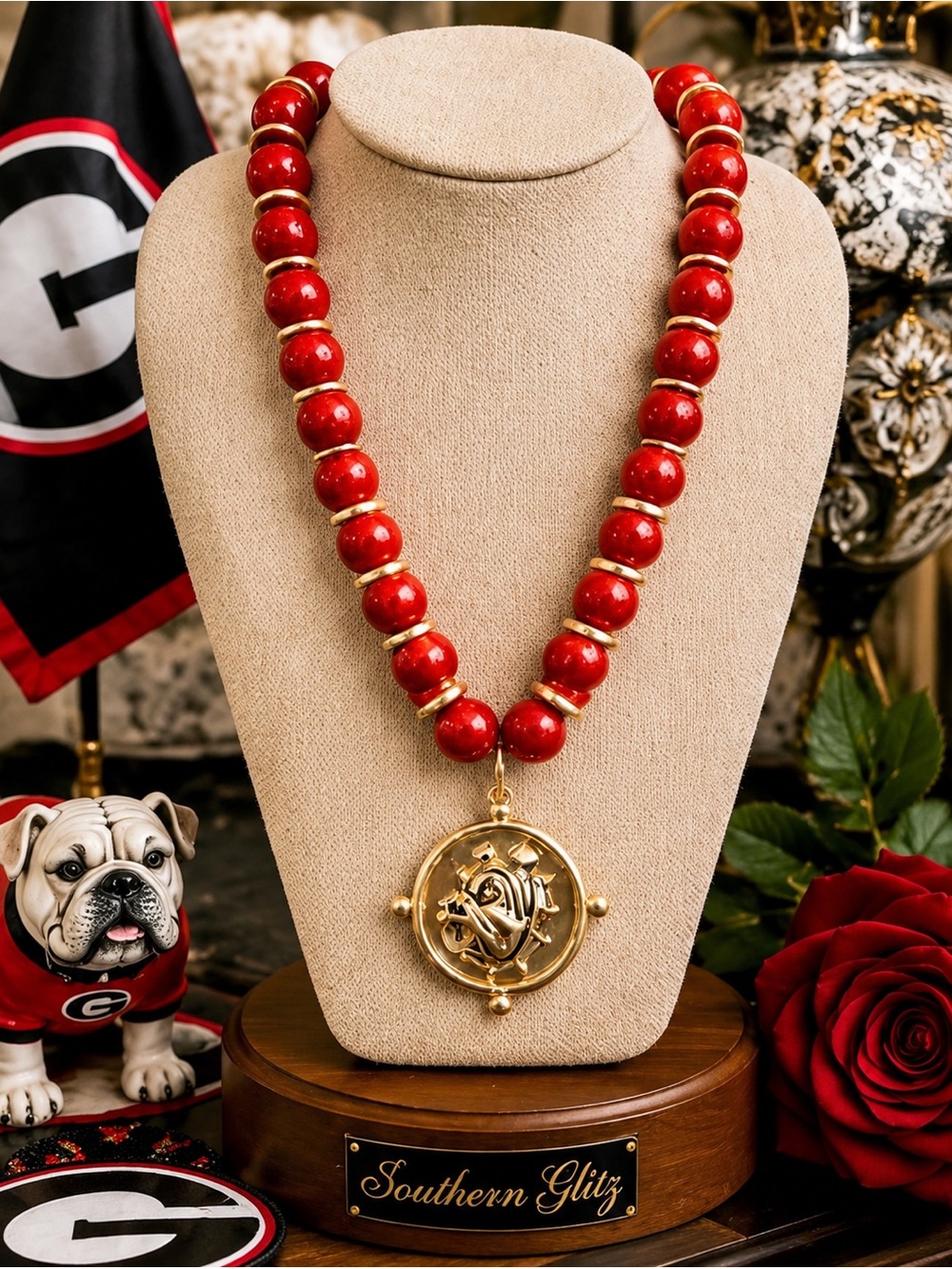 Red Beaded Bulldog Medallion Necklace, Gold Bulldog Pendant, Game Day Jewelry,